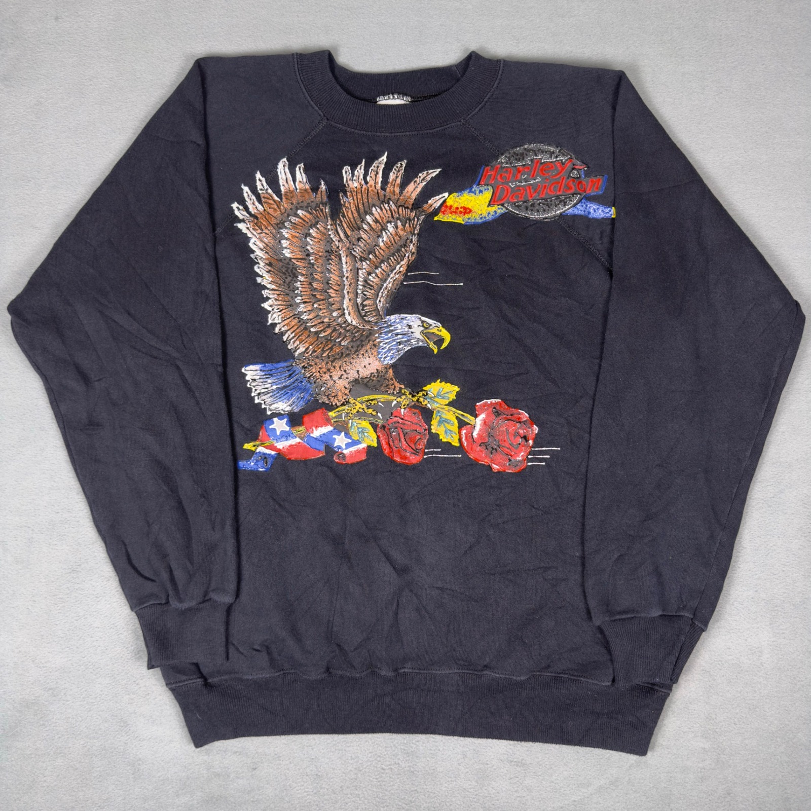Vintage 90s Harley Davidson Eagle Roses Black Crewneck Sweatshirt Usa Xl